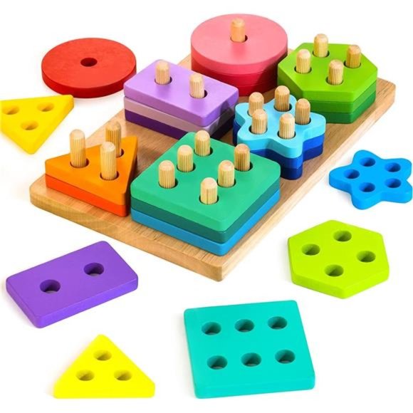 Wooden Sorting & Stacking Toys, Montessori Toys for 1 2 3 Years Old Toddlers - Picture 1 of 7